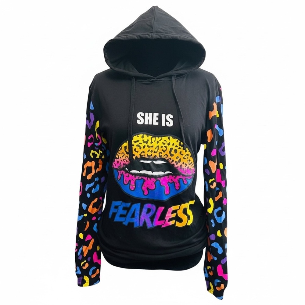 She Is Fearless Graphic Hoodie Neon Leopard Drip Lip Print Long Sleeve Black L